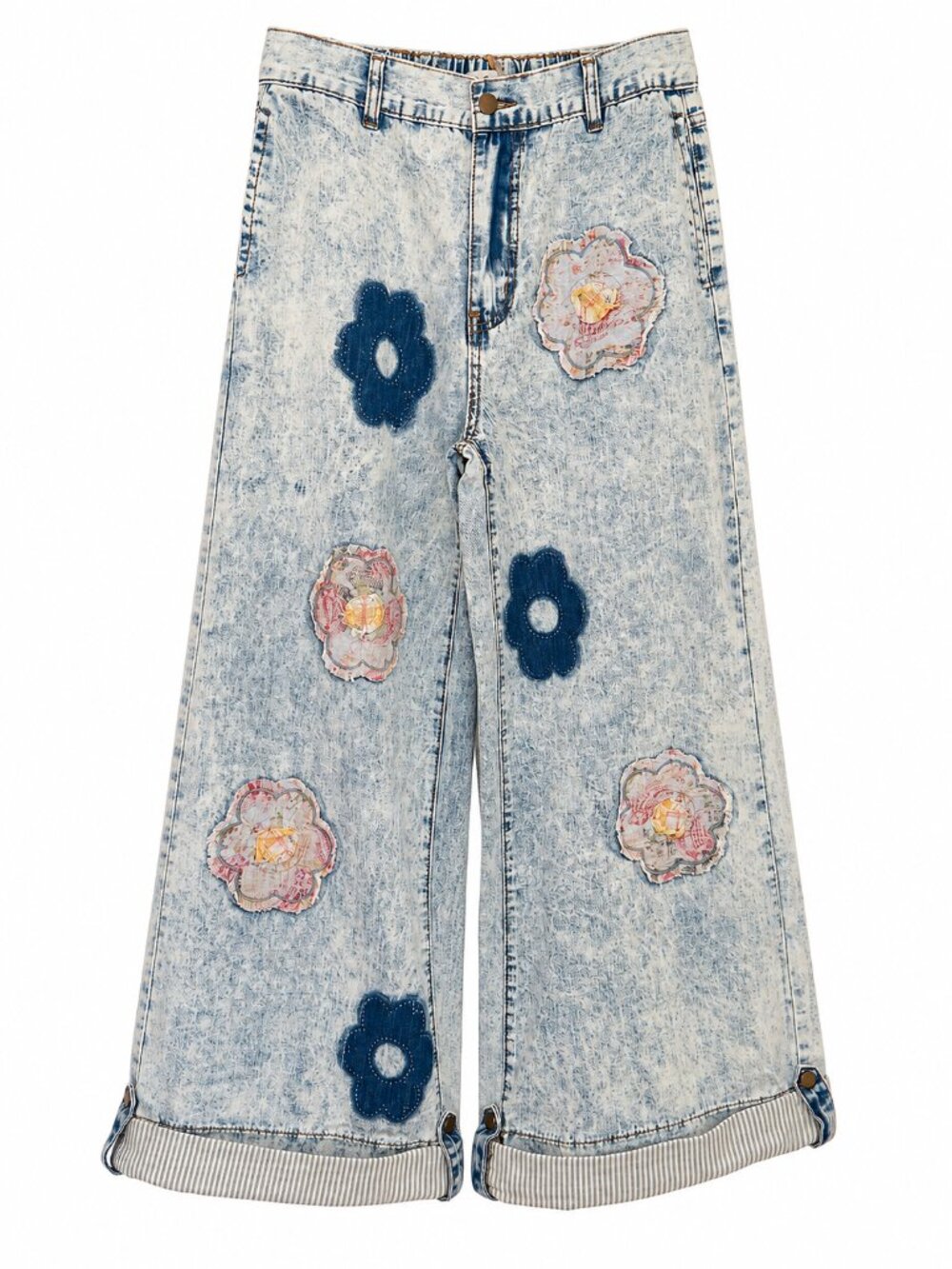 POL Boho Vintage 70s Floral Flower Patch Baggy Flowy Wide Leg Denim Jeans NWT - Picture 6 of 13